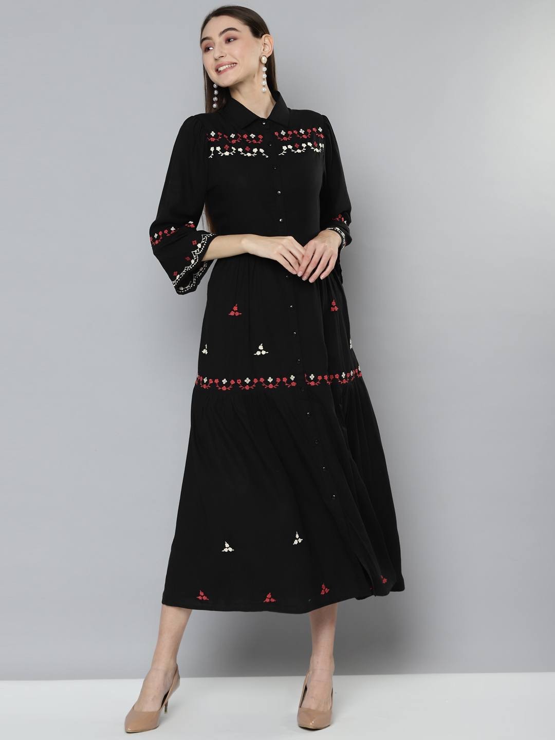 Scoup Black Embroidered Rayon Long  Dress