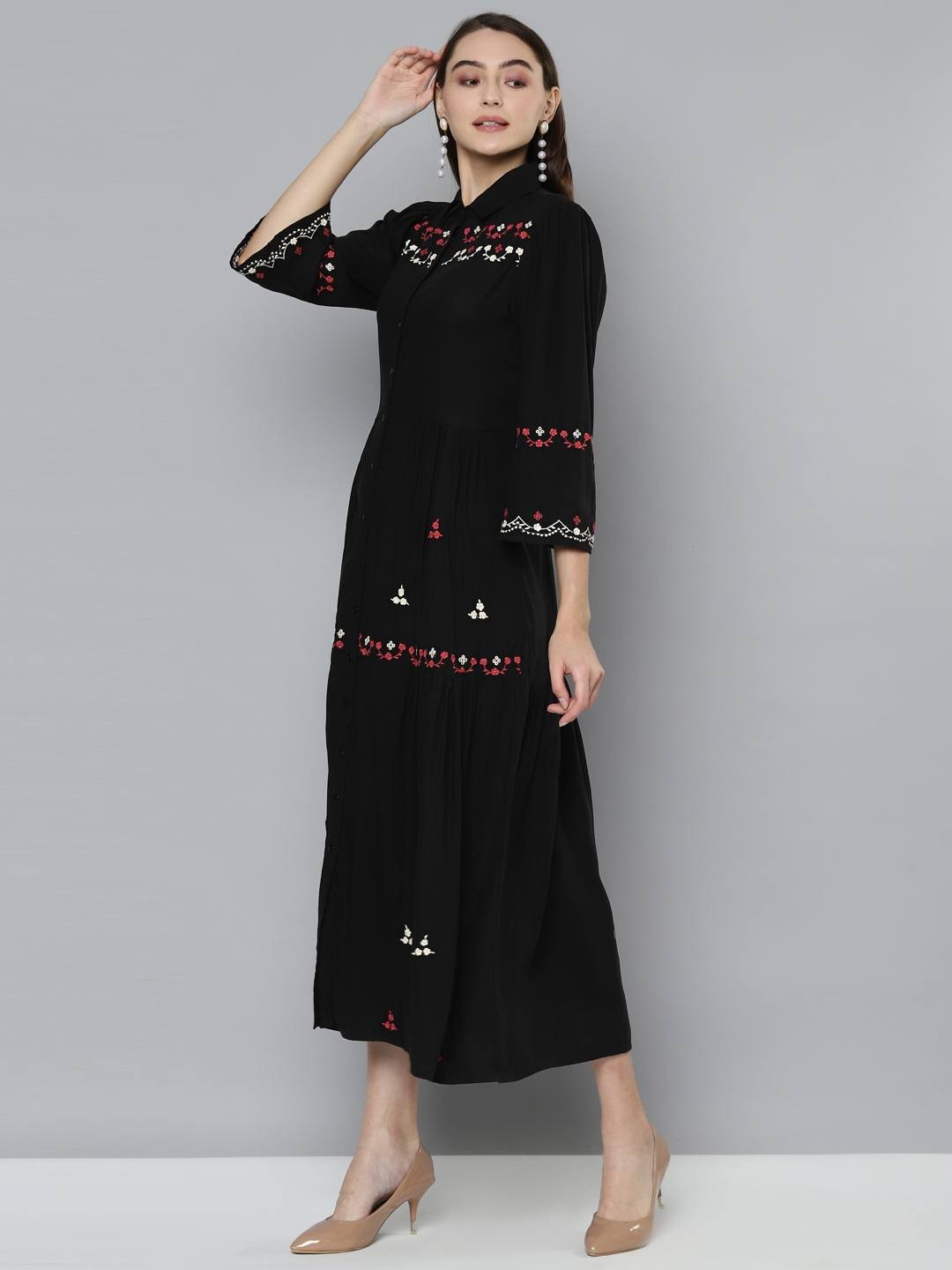 Scoup Black Embroidered Rayon Long  Dress