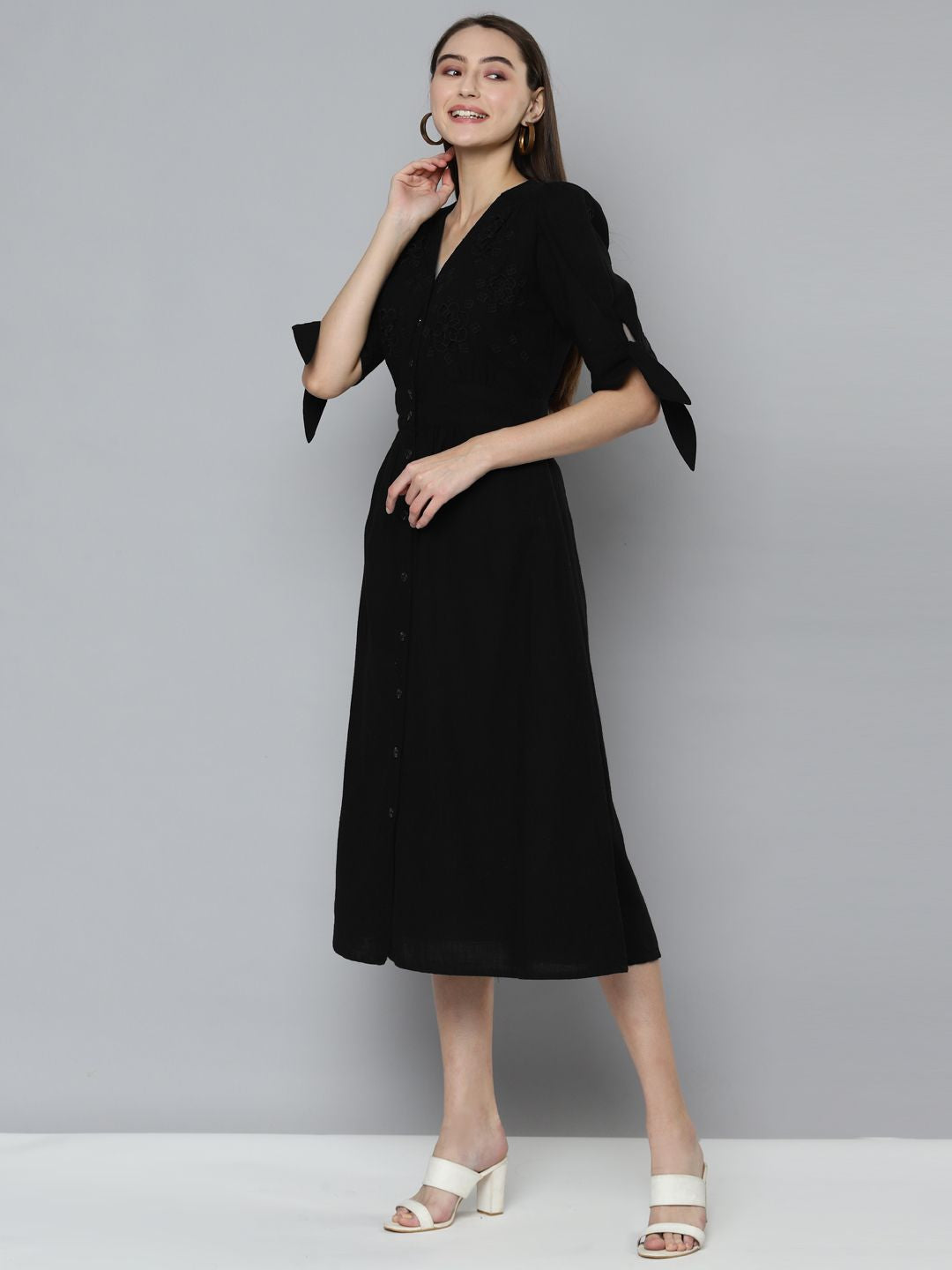 Scoup Black Cutwork Embroidered Midi Dress