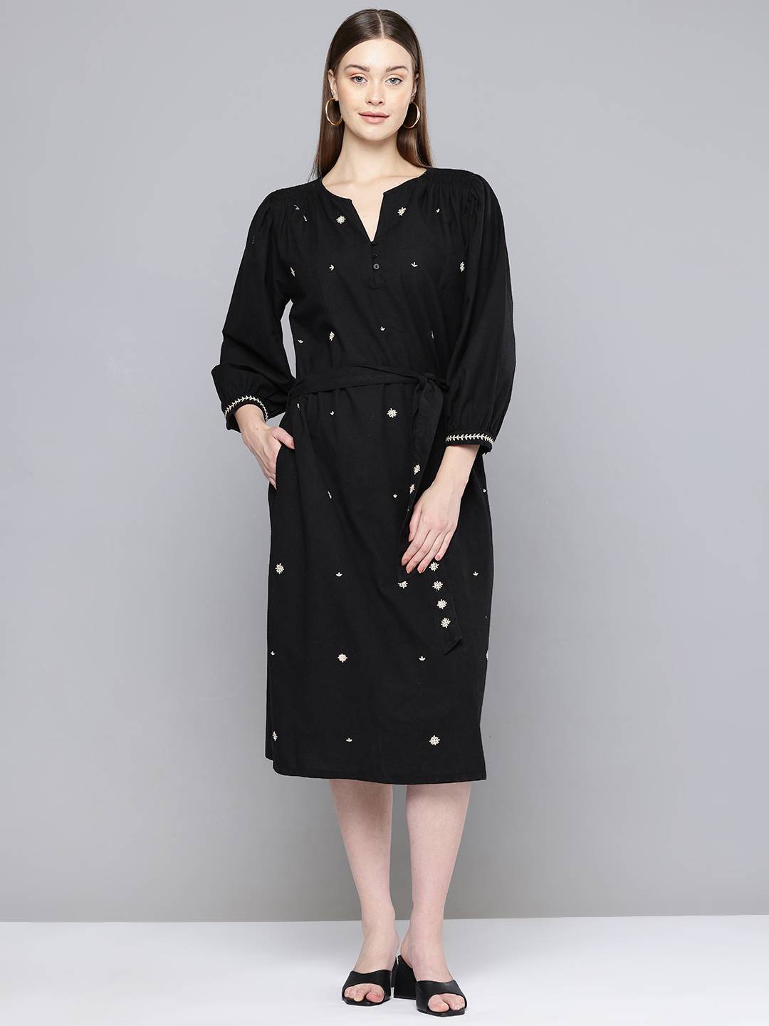 Scoup Floral Embroidered Bishop Sleeve Linen A-Line Midi Dress