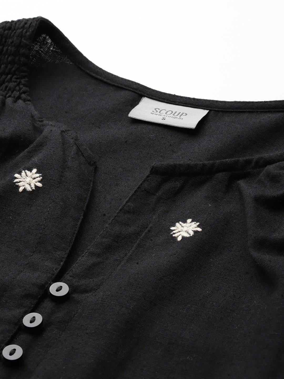 Scoup Floral Embroidered Bishop Sleeve Linen A-Line Midi Dress