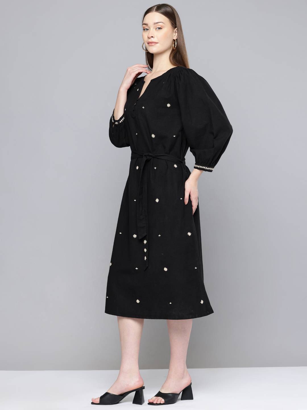 Scoup Floral Embroidered Bishop Sleeve Linen A-Line Midi Dress