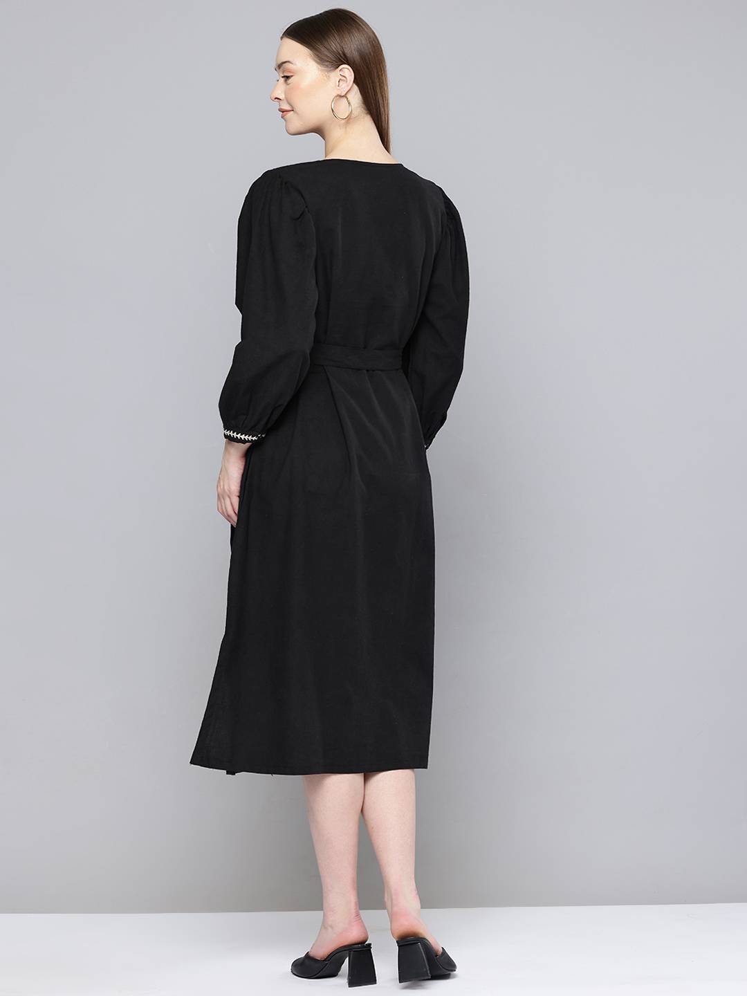 Scoup Floral Embroidered Bishop Sleeve Linen A-Line Midi Dress