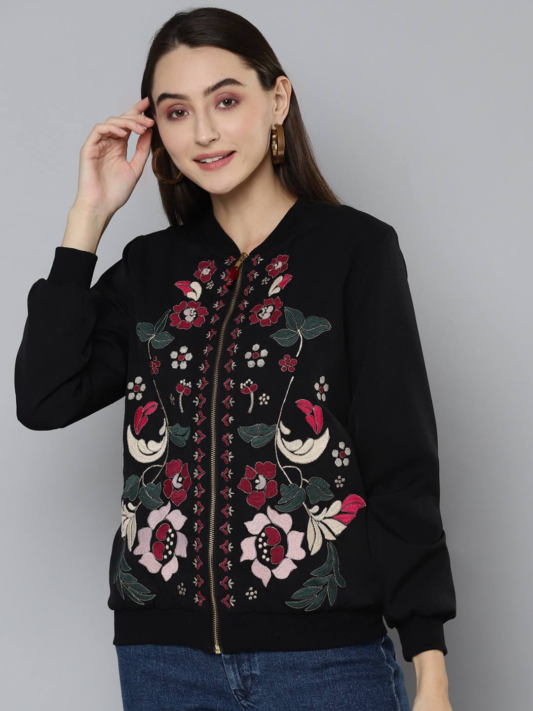 Black Embroidered Bomber Jacket