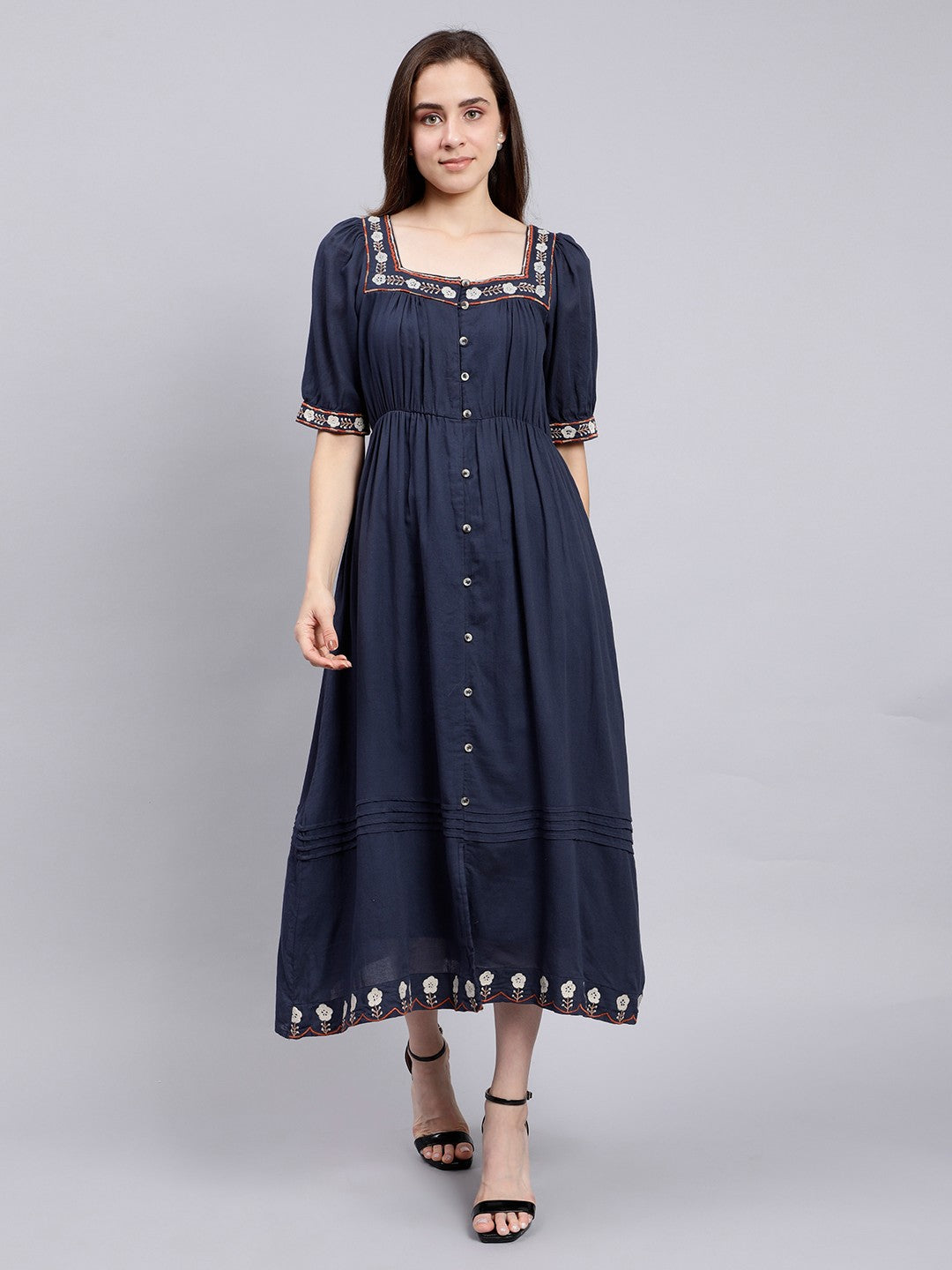 Scoup Navy Embroidered Long Cotton Dress