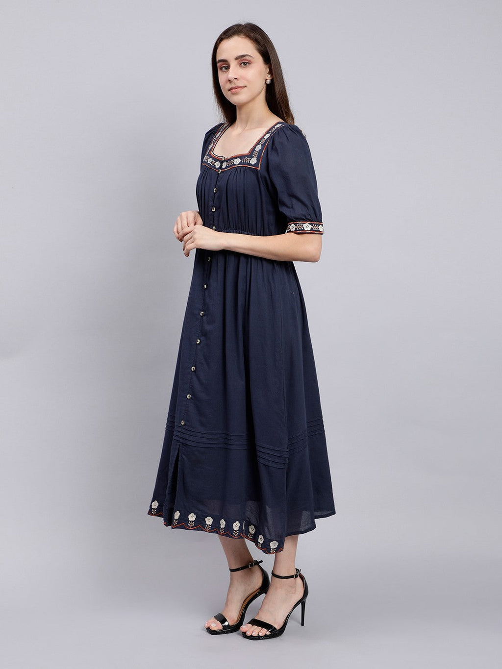 Scoup Navy Embroidered Long Cotton Dress