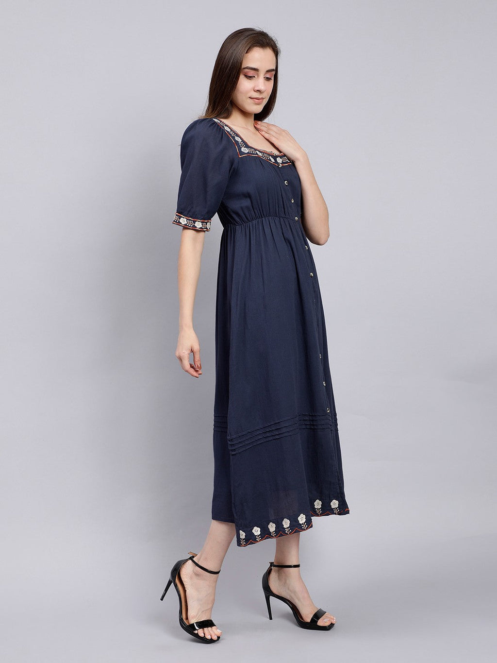 Scoup Navy Embroidered Long Cotton Dress