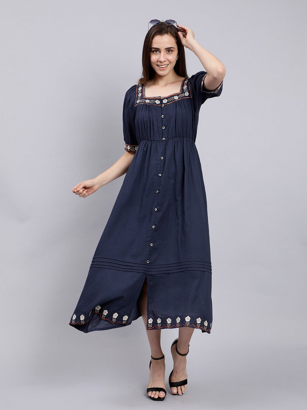 Scoup Navy Embroidered Long Cotton Dress