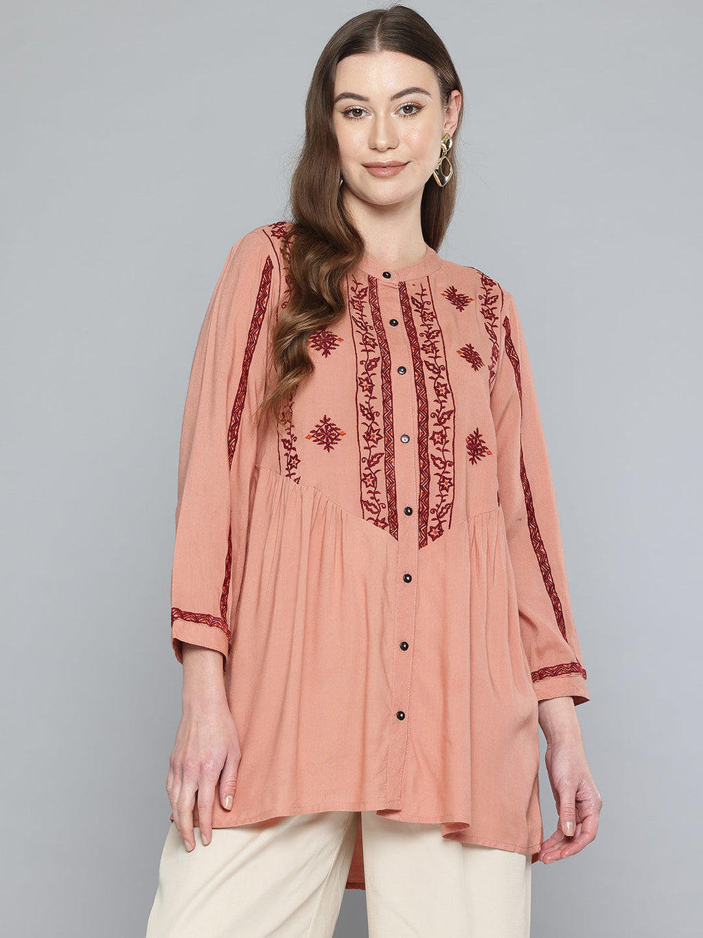 Peach Embroidered Rayon Tunic