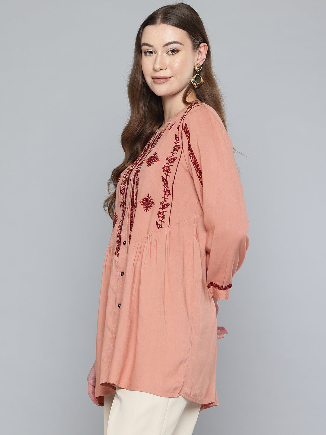 Peach Embroidered Rayon Tunic