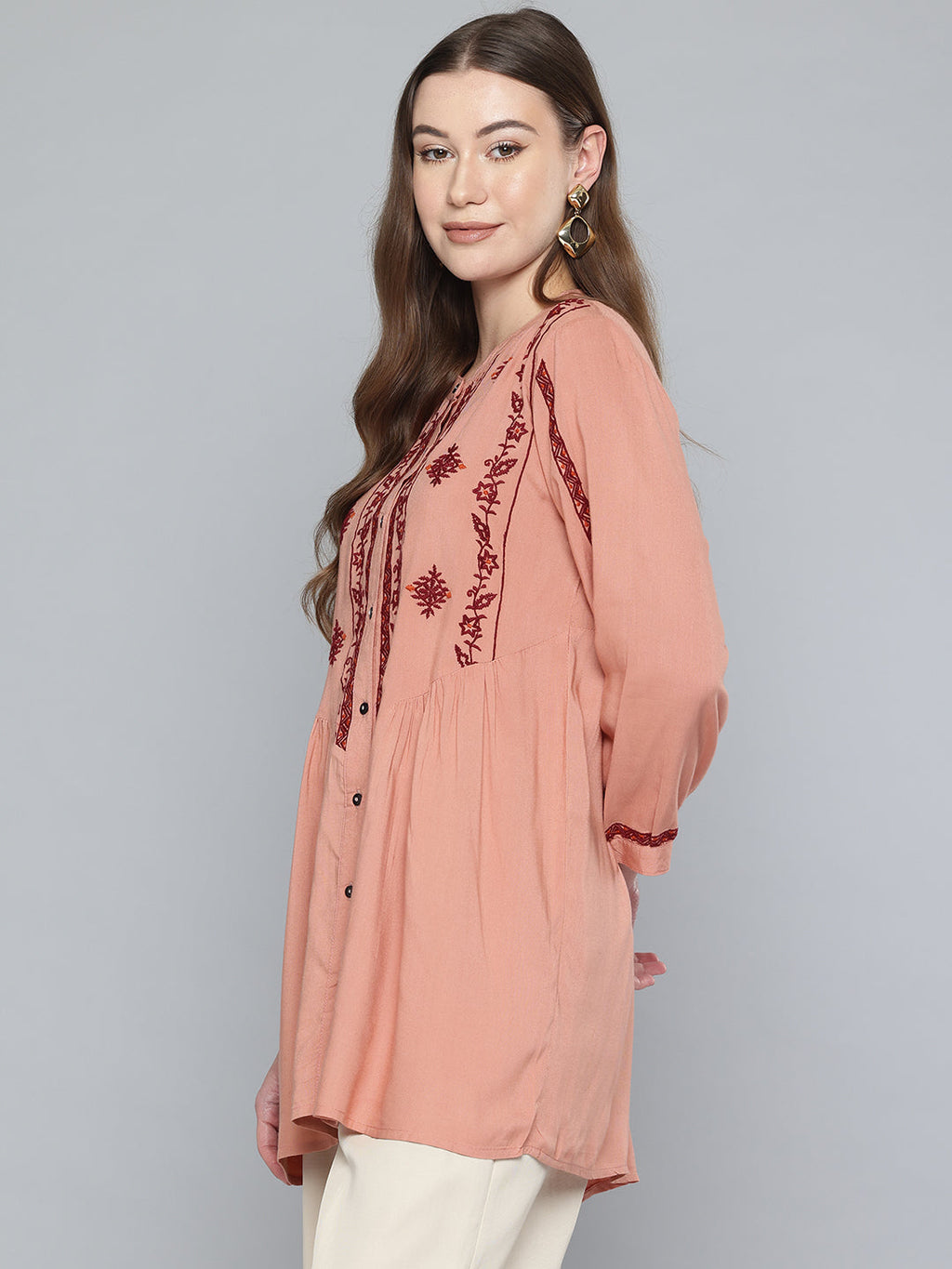 Peach Embroidered Rayon Tunic
