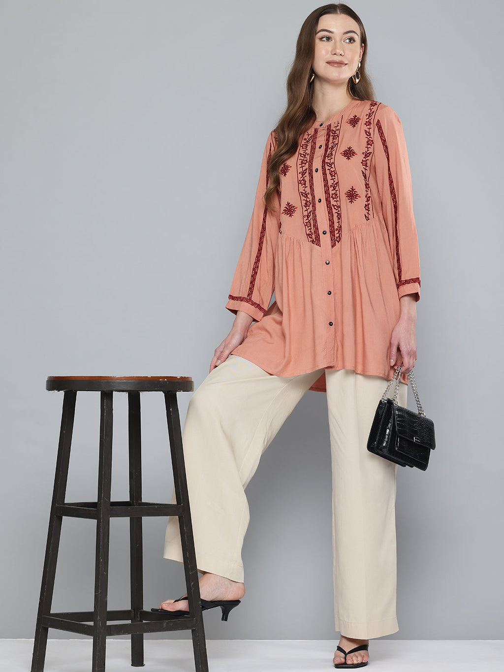 Peach Embroidered Rayon Tunic
