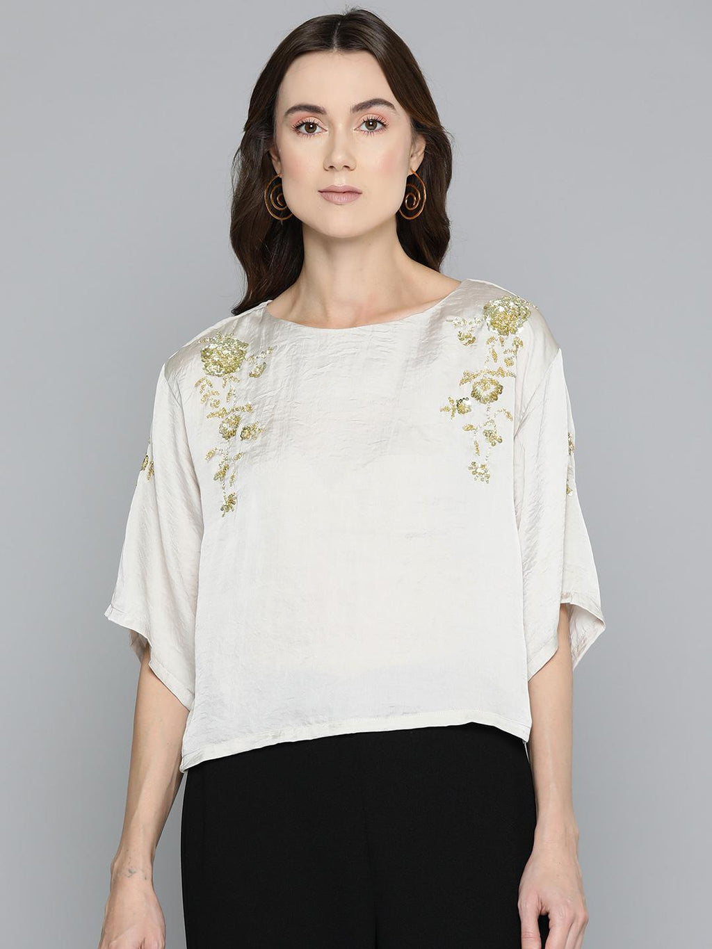 Scoup Floral Embellished Flared Sleeve Sequinned Satin Top