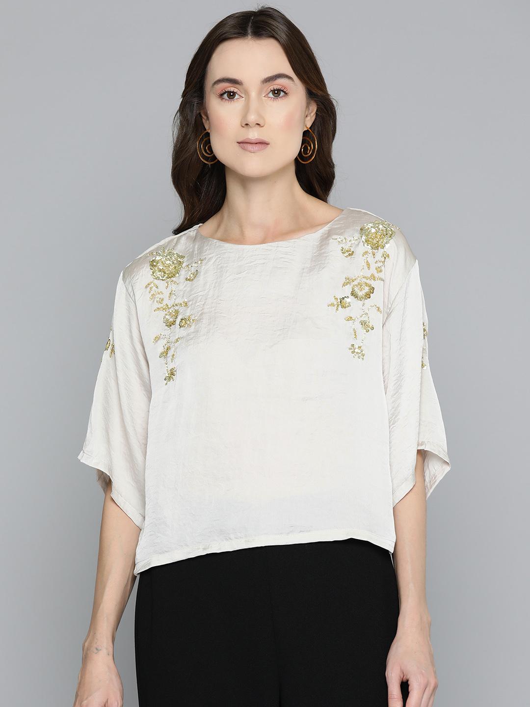 Scoup Floral Embellished Flared Sleeve Sequinned Satin Top