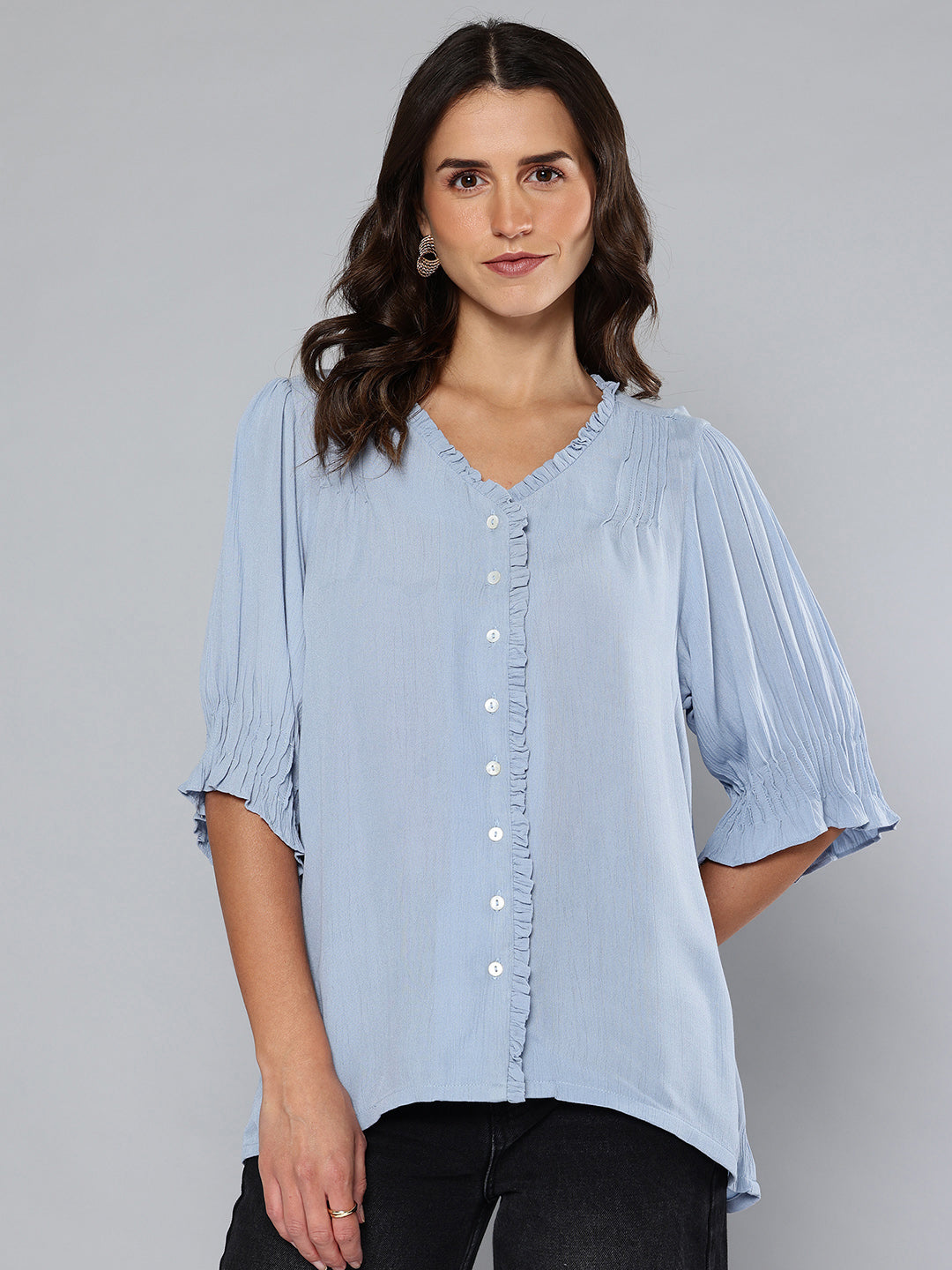 Pintuck details sky blue top