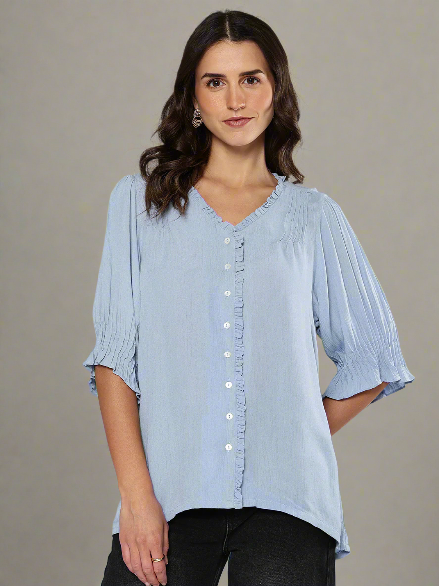 Pintuck details sky blue top
