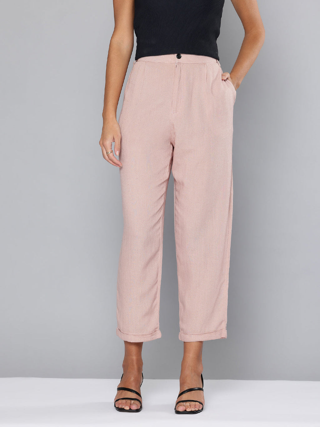 Straight fit pleated dusty pink trousers