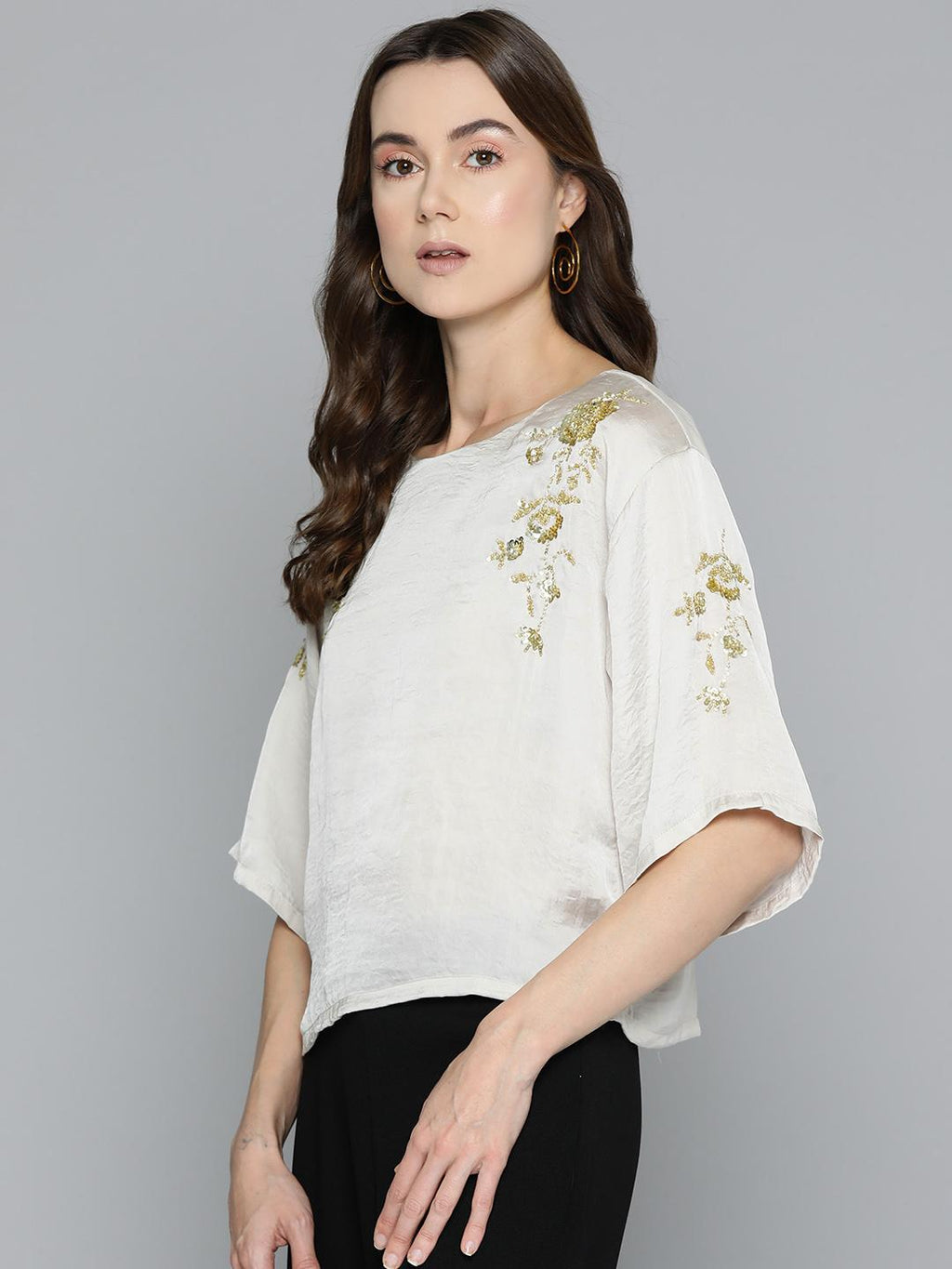 Scoup Floral Embellished Flared Sleeve Sequinned Satin Top