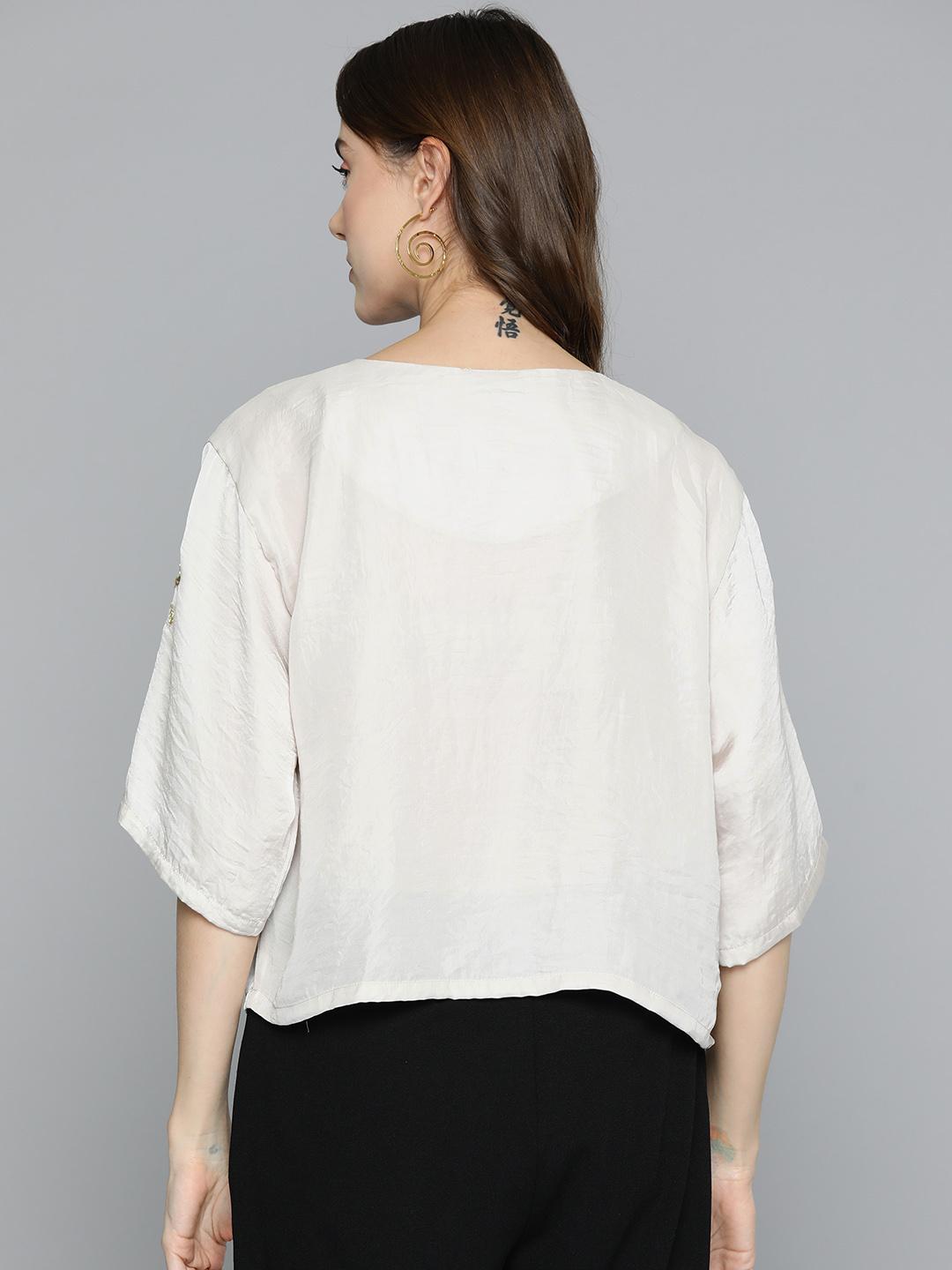 Scoup Floral Embellished Flared Sleeve Sequinned Satin Top