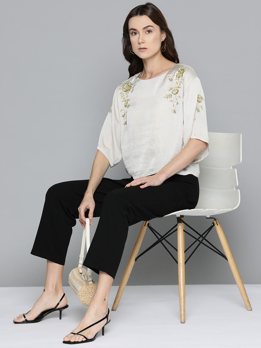 Scoup Floral Embellished Flared Sleeve Sequinned Satin Top