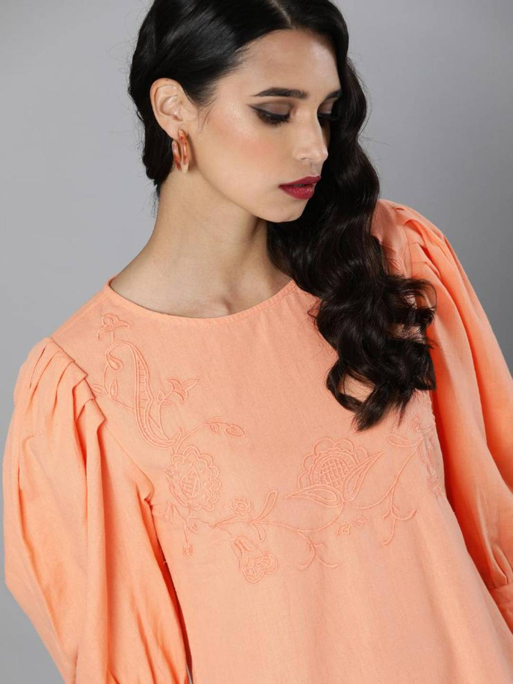 Scoup Volume sleeves embroidered Cotton Linen dress