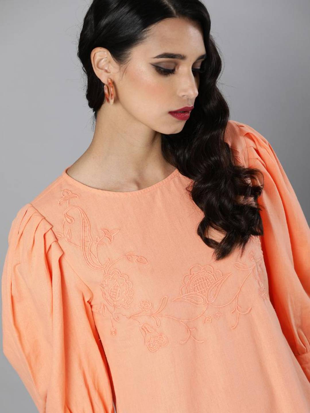 Scoup Volume sleeves embroidered Cotton Linen dress