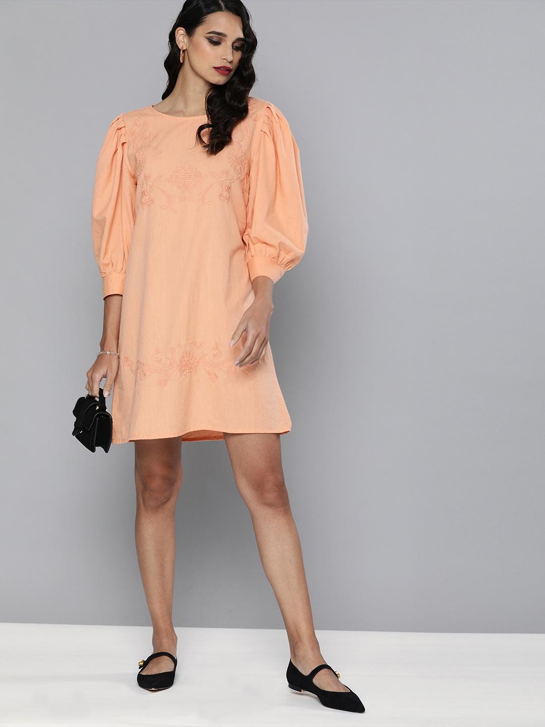 Scoup Volume sleeves embroidered Cotton Linen dress