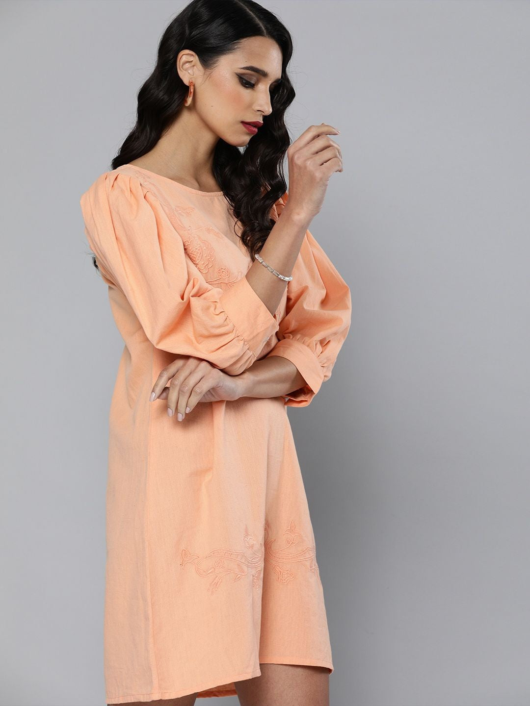 Scoup Volume sleeves embroidered Cotton Linen dress