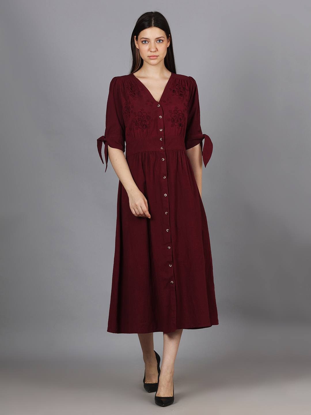 Scoup Maroon Cutwork Cotton Midi Dress