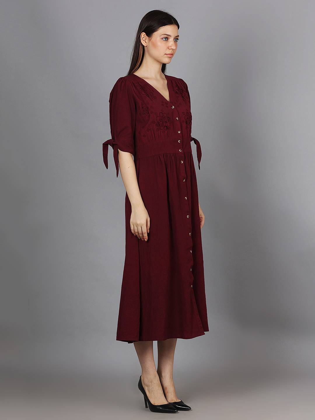 Scoup Maroon Cutwork Cotton Midi Dress