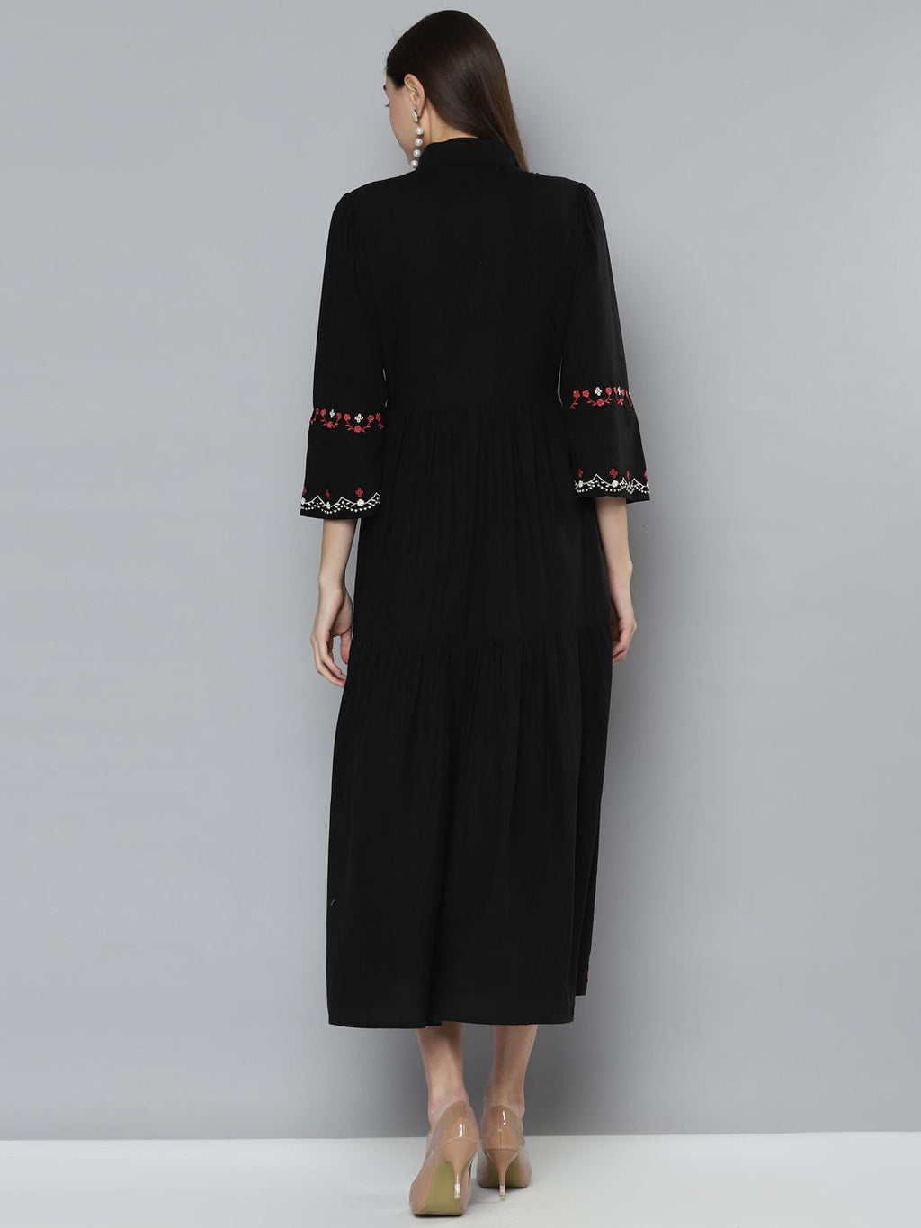 Scoup Black Embroidered Rayon Long  Dress