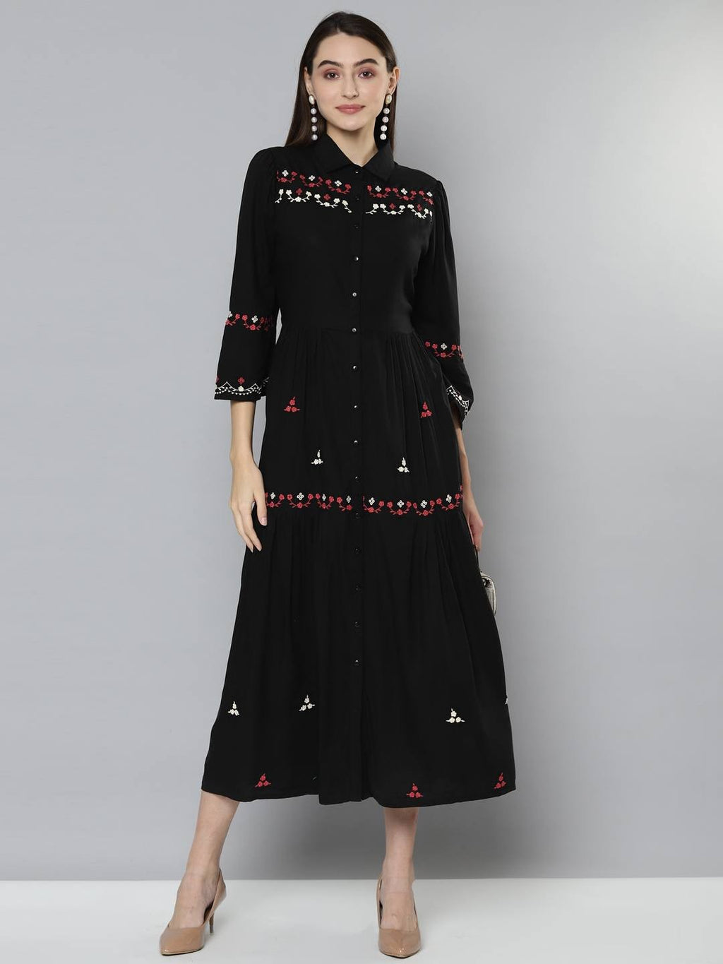 Scoup Black Embroidered Rayon Long  Dress