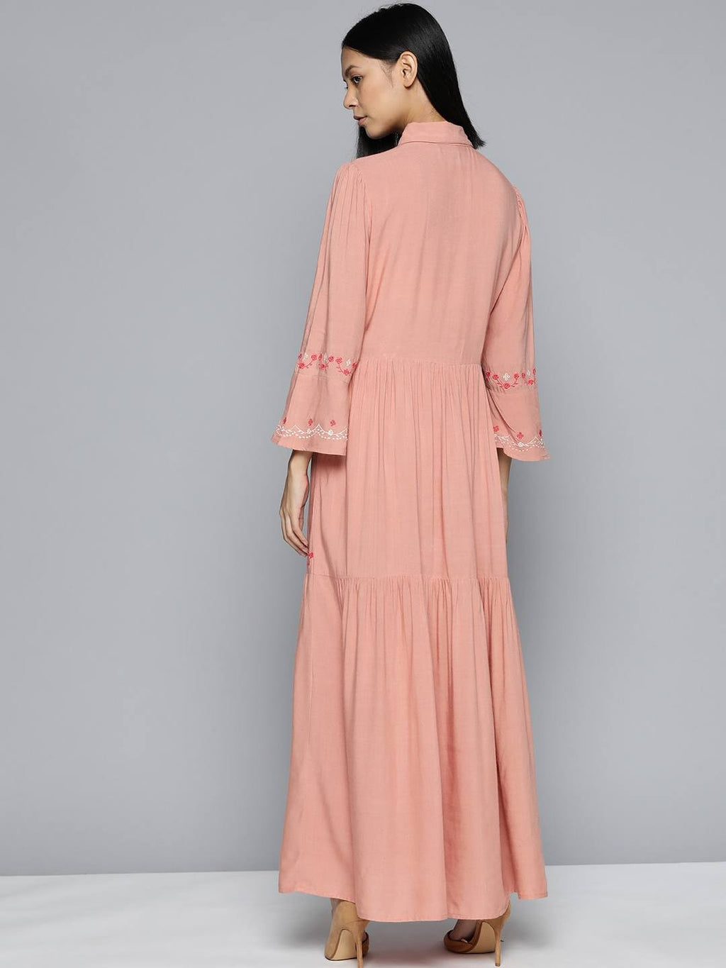 Scoup Peach Embroidered Rayon Maxi Dress