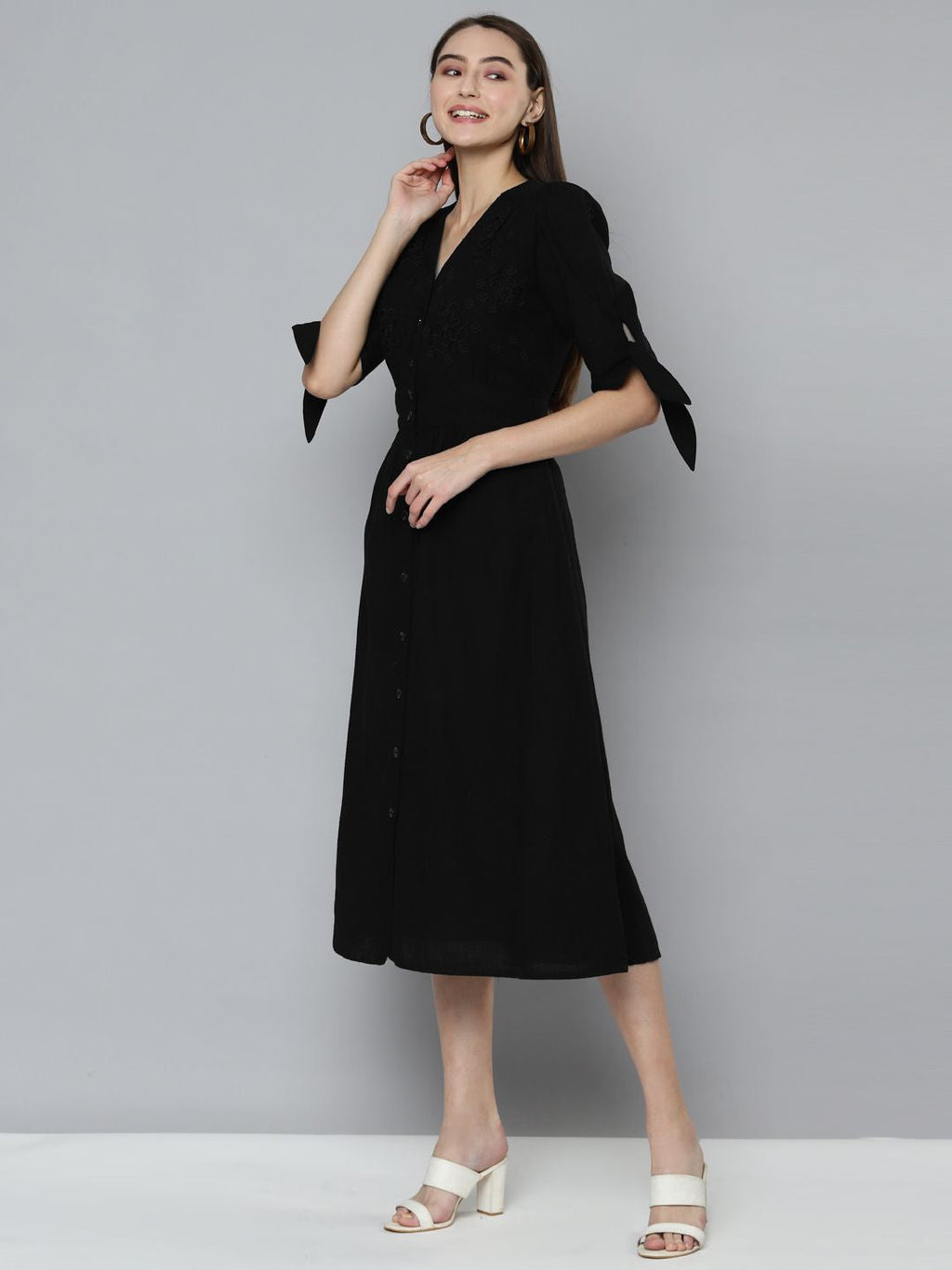 Scoup Black Cutwork Embroidered Midi Dress