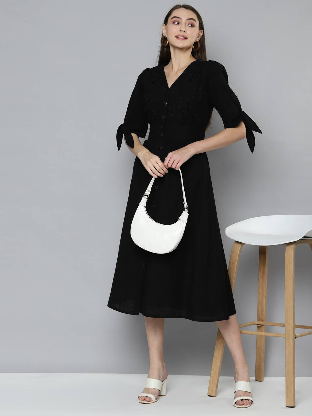 Scoup Black Cutwork Embroidered Midi Dress