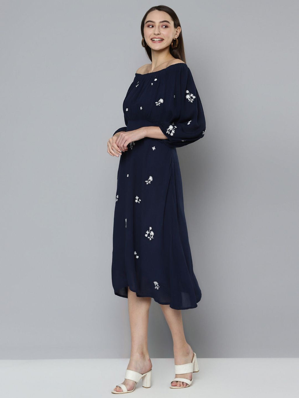 Scoup Navy Blue Embroidered A-Line  Dress