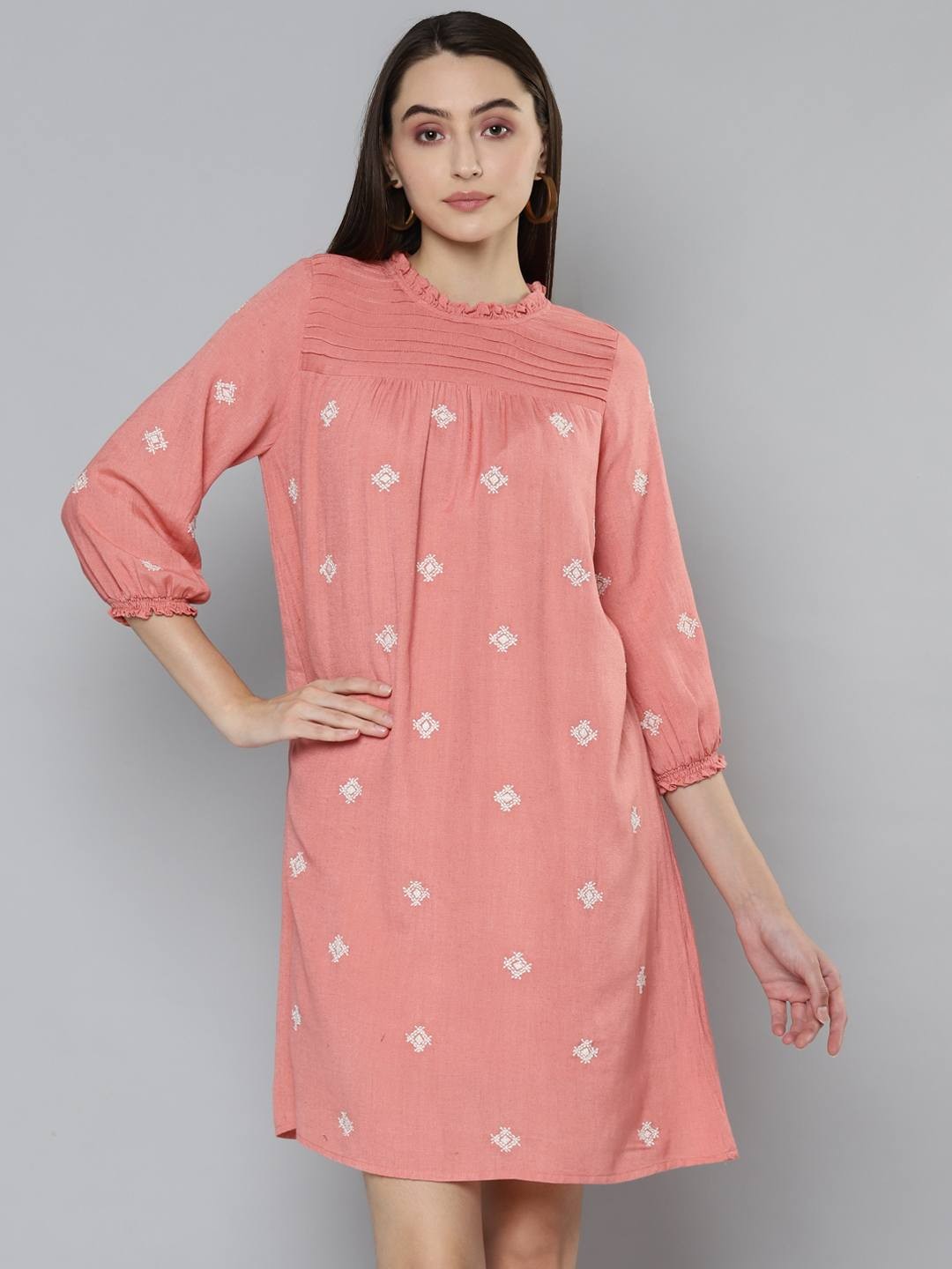 Scoup Peach Embroidered Knee length Dress