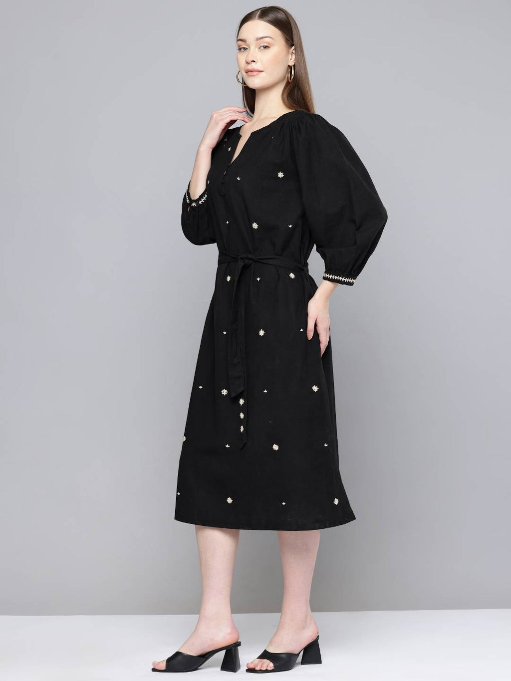 Scoup Floral Embroidered Bishop Sleeve Linen A-Line Midi Dress