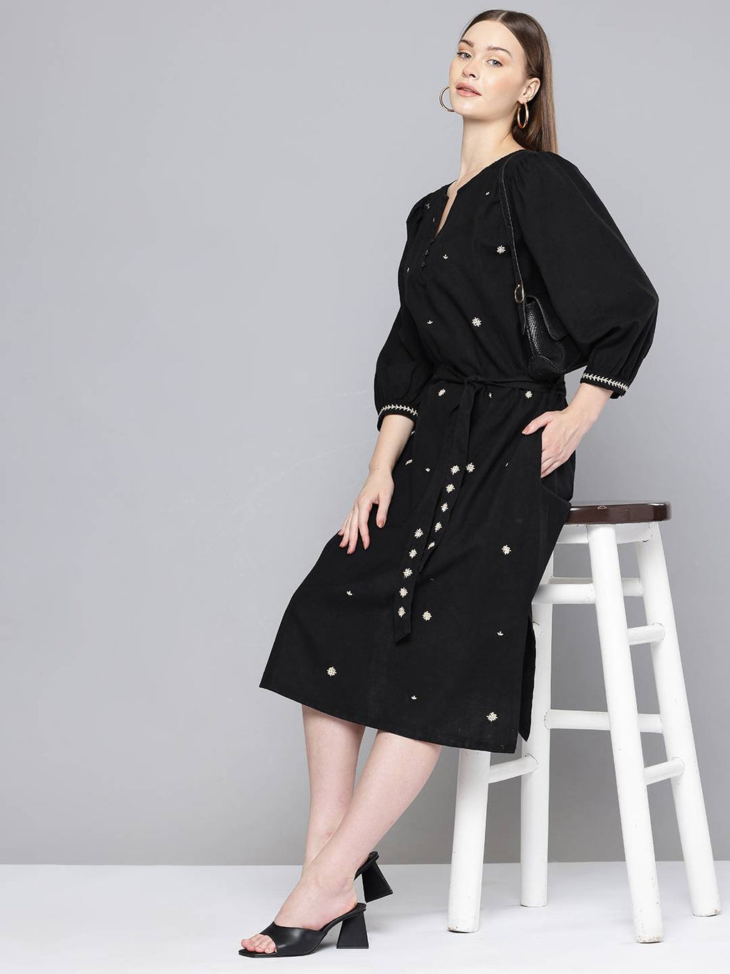 Scoup Floral Embroidered Bishop Sleeve Linen A-Line Midi Dress