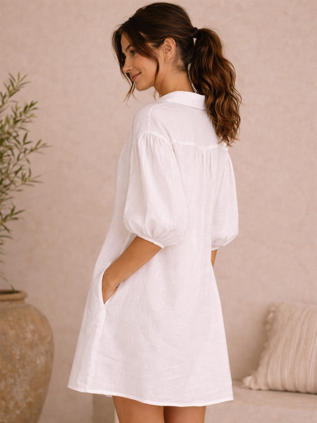 Linen Blend White Dress