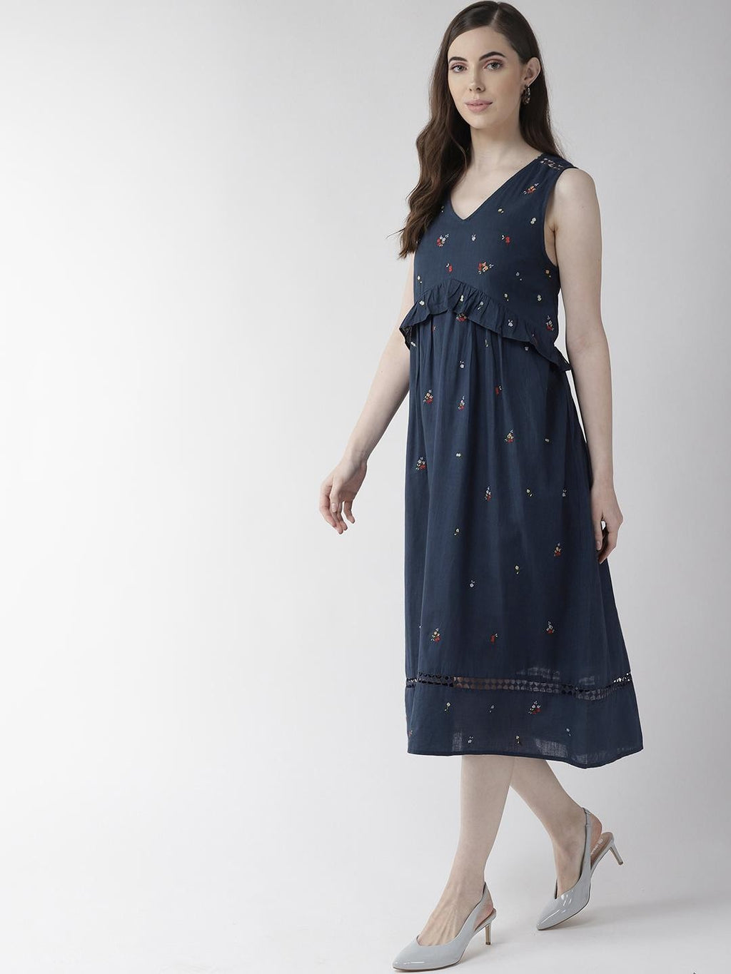 Scoup Navy Blue Sleeveless Embroidered Dress