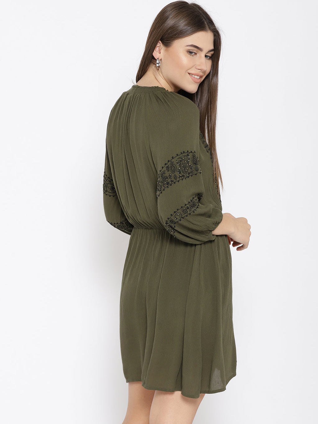 Scoup Women Olive Green Self Design A-Line Dress