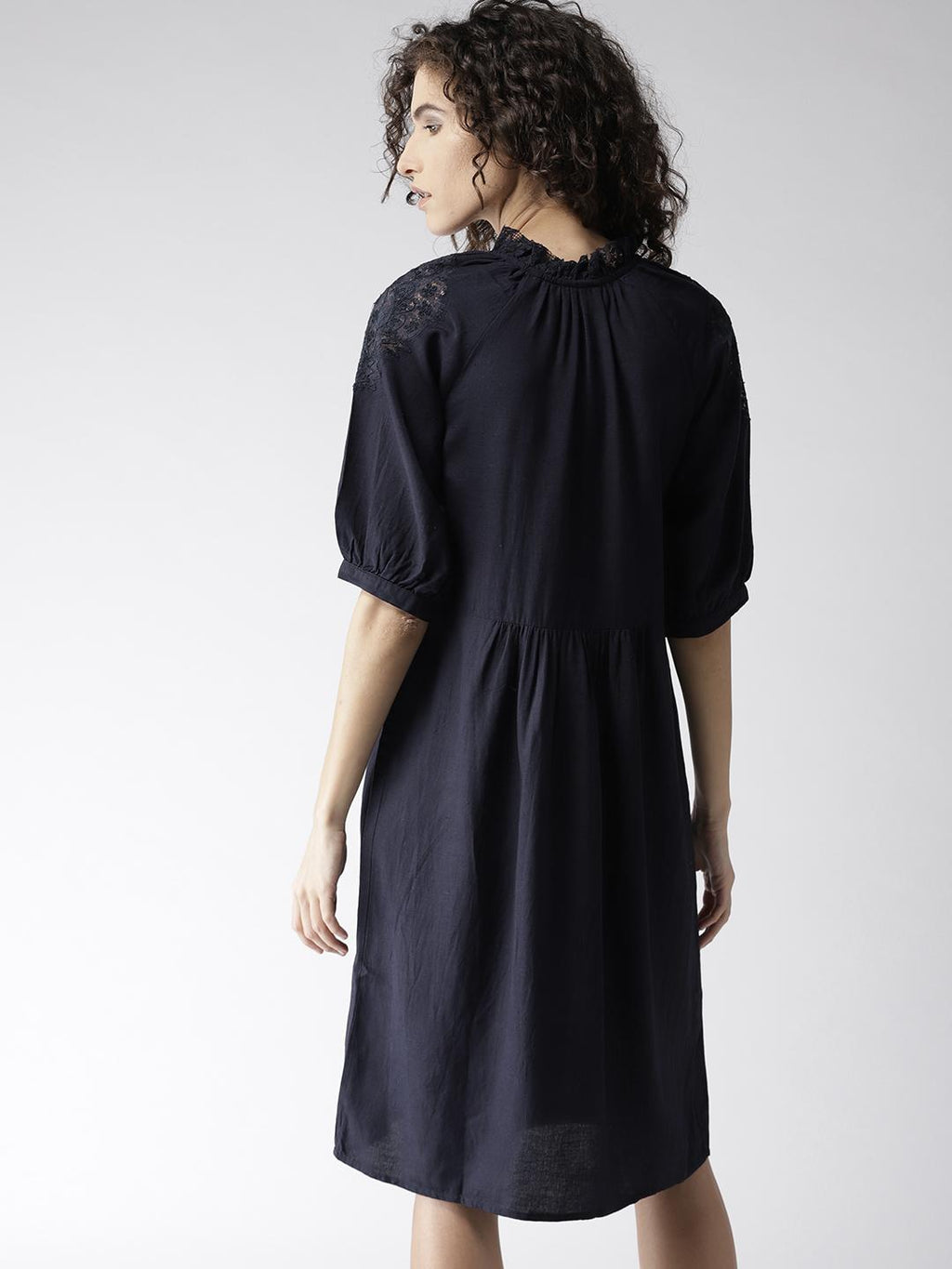Scoup Navy Blue Solid Lace Detail A-Line Dress