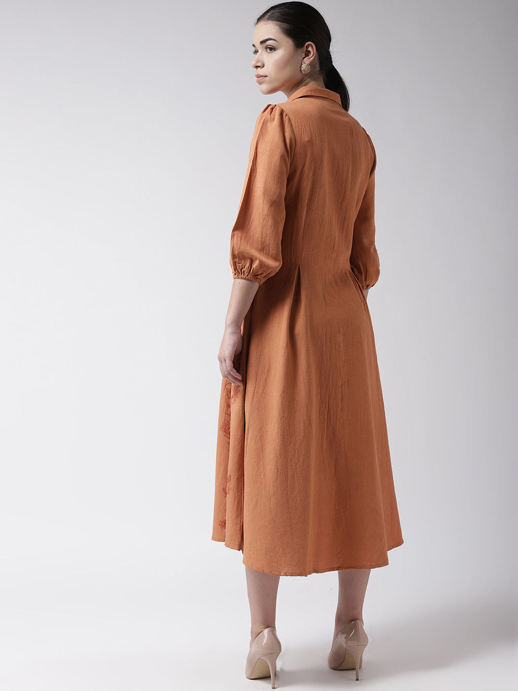 Scoup Orange Embroidered Shirt Midi Dress