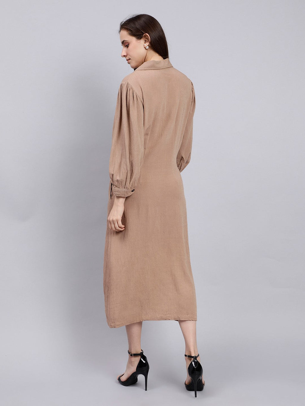Scoup Brown Midi Shirt Dress with Lapel Collar