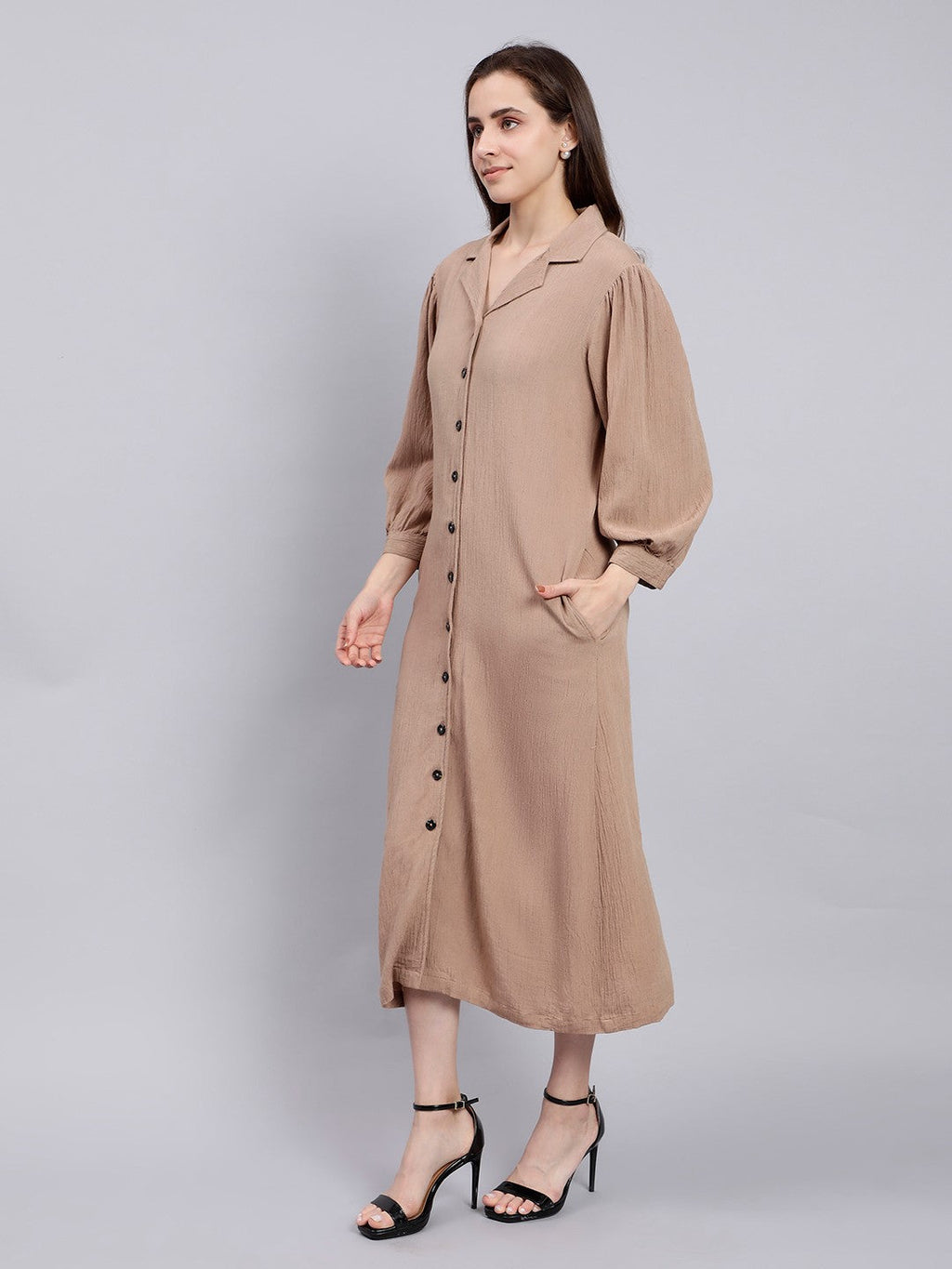 Scoup Brown Midi Shirt Dress with Lapel Collar