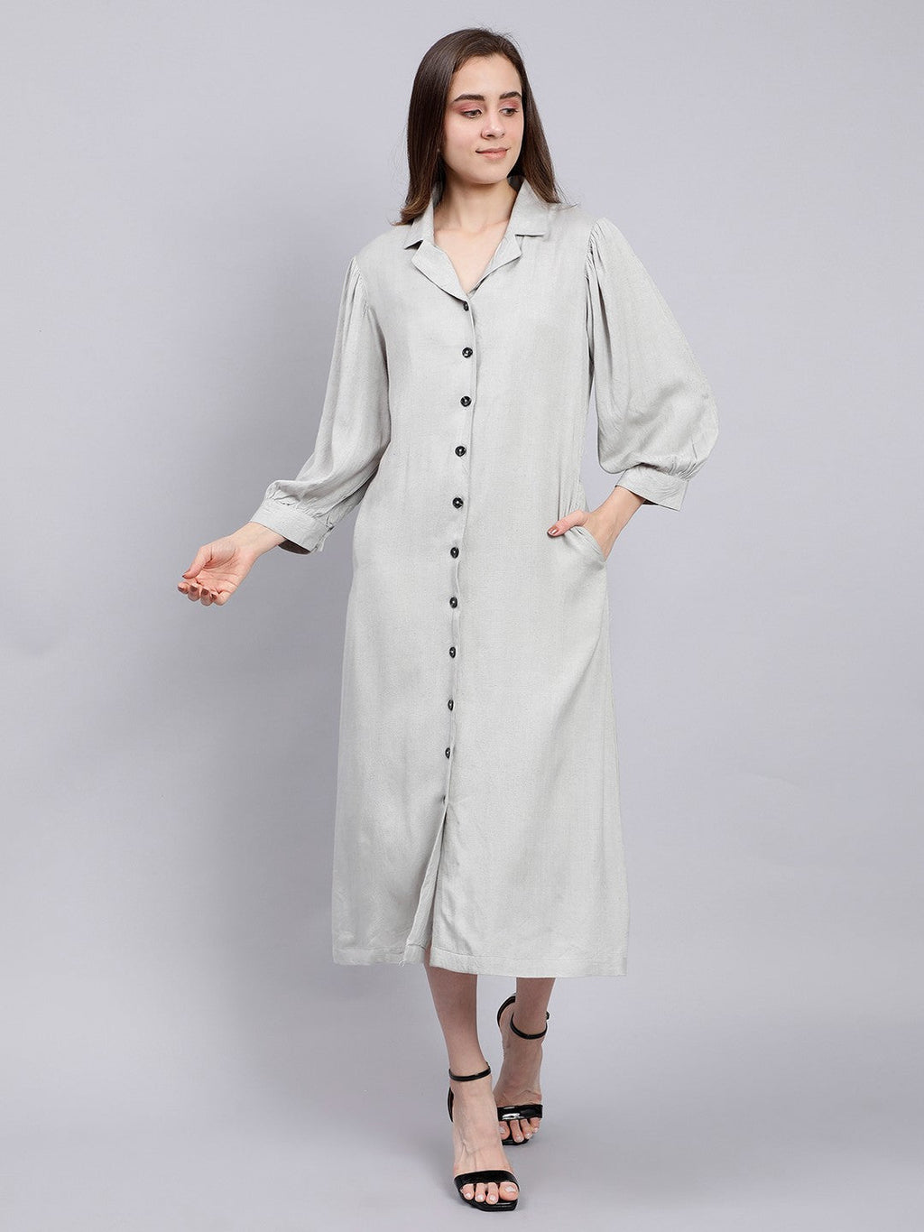 Scoup Dusty Sea Green Midi Shirt Dress with a Lapel Collar