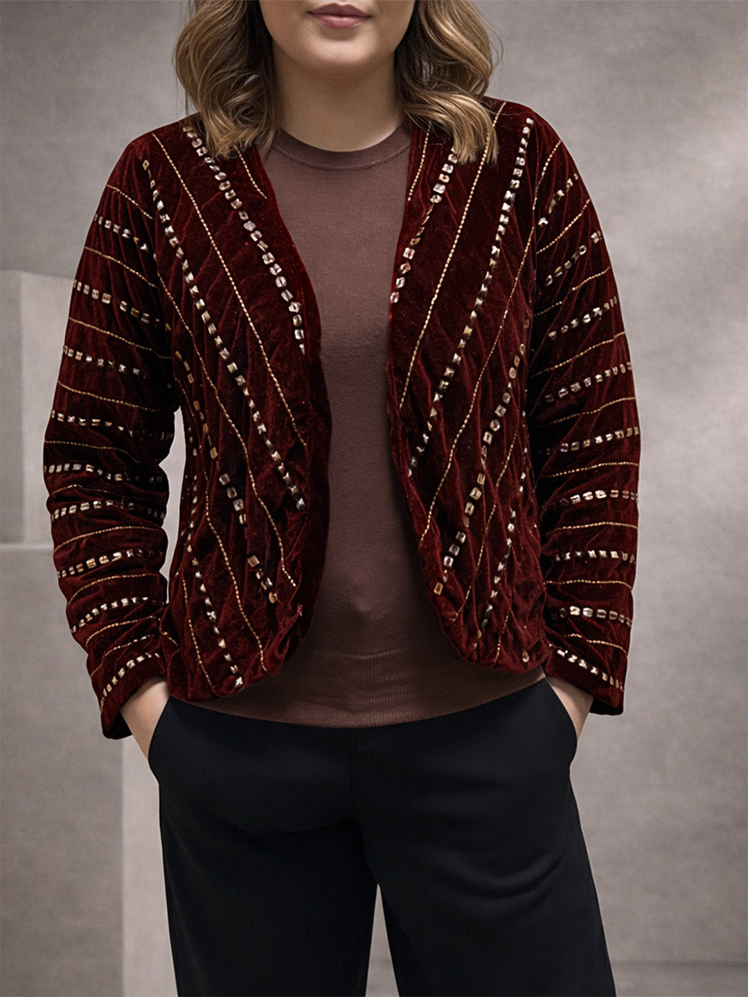 Hand embellished Maroon Velvet Shrug