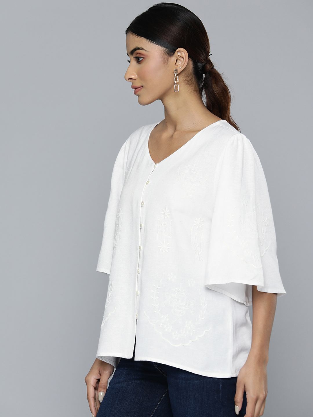 Scoup white-v-neckline-embroidered-top-with-bell-sleeves
