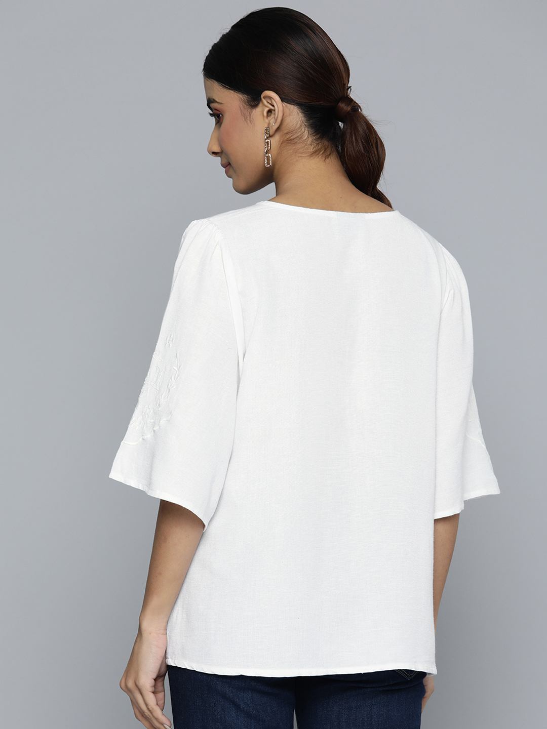 Scoup white-v-neckline-embroidered-top-with-bell-sleeves